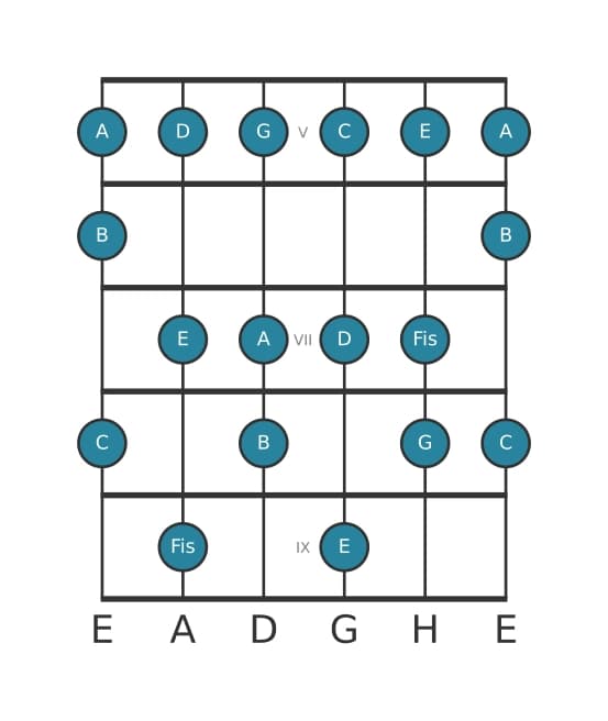 Gitarrenskala für C Lydisch Dominant in Position 4