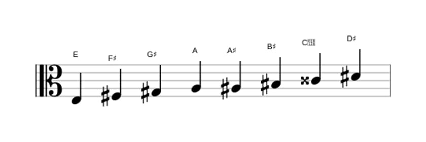 Sheet music of the E Messiaen's mode 6 scale in three octaves (3)