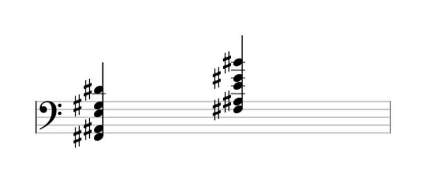 Sheet music of F sharp Dominant thirteenth no fifth in three octaves (2)