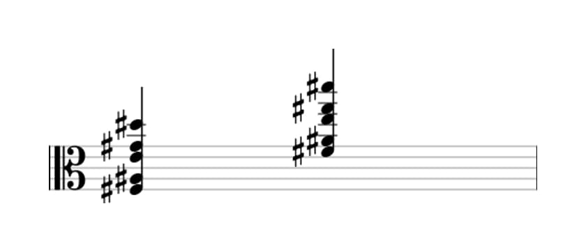Sheet music of F sharp Dominant thirteenth no fifth in three octaves (3)