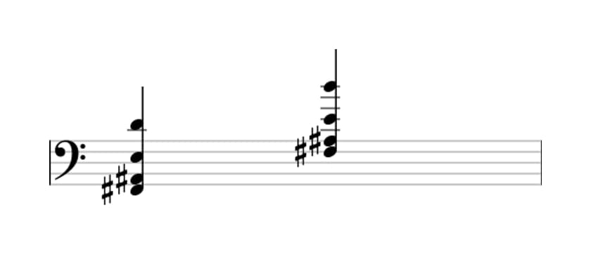 Sheet music of F sharp Dominant seventh flat thirteenth in three octaves (2)