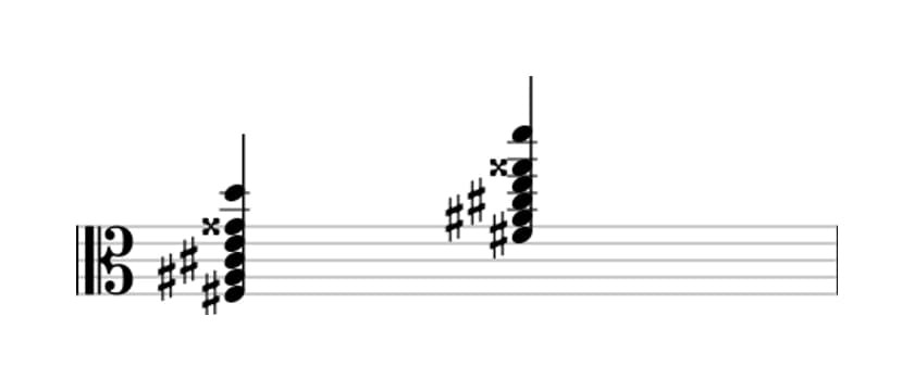 Sheet music of F sharp Dominant seventh sharp ninth flat thirteenth in three octaves (3)