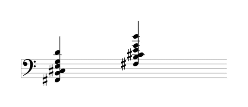 Sheet music of F sharp Dominant seventh suspended fourth flat ninth flat thirteenth in three octaves (2)