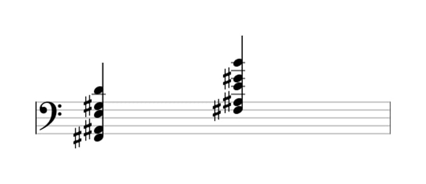 Sheet music of F sharp Dominant ninth flat thirteenth in three octaves (2)