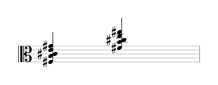 Sheet music of F sharp Dominant ninth suspended fourth in three octaves (3)