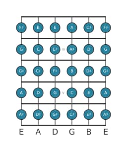 Guitar scale for F sharp Chromatic in position 1