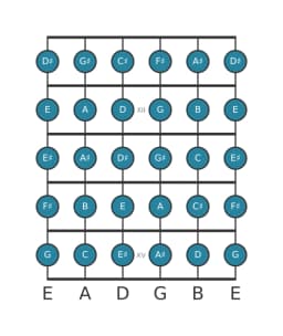Guitar scale for F sharp Chromatic in position 10