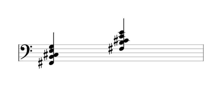 Sheet music of F sharp suspended fourth flat ninth in three octaves (2)