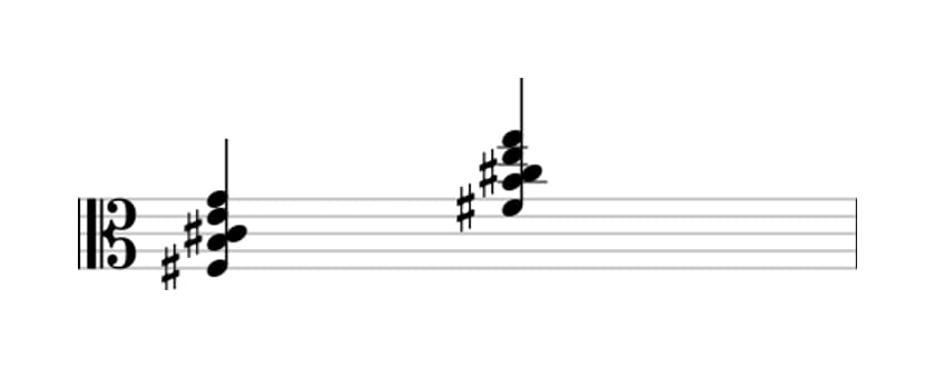 Sheet music of F sharp suspended fourth flat ninth in three octaves (3)
