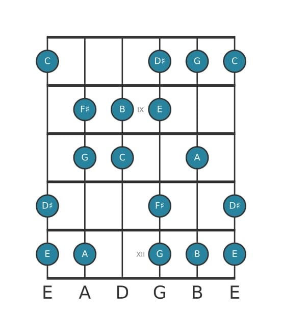 Guitar scale for F sharp Locrian sixth in position 7