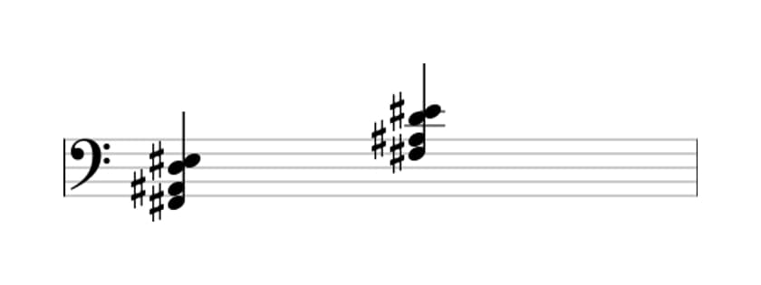 Sheet music of F sharp Major seventh flat sixth in three octaves (2)