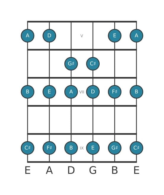 Guitar scale for F sharp Minor in position 4