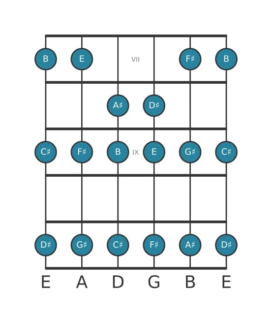 Guitar scale for F sharp Mixolydian in position 6