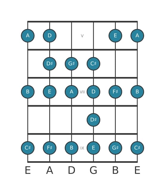 Guitar scale for G sharp Bebop locrian in position 4