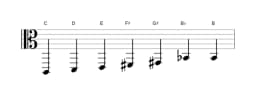 Bladmuziek van de C Leidend hele toons toonladder in drie octaven (2)
