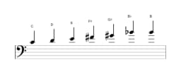 Bladmuziek van de C Leidend hele toons toonladder in drie octaven (4)